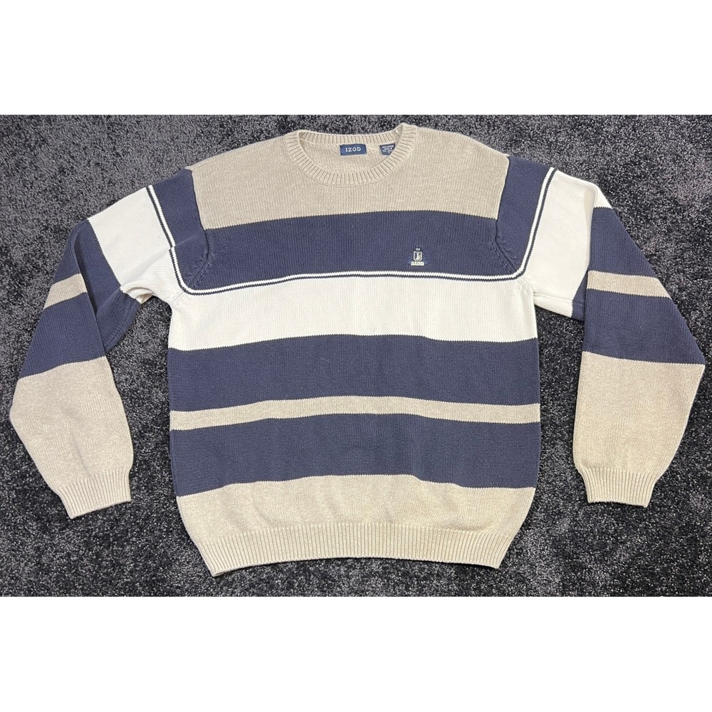 Vintage IZOD Men's Knit Sweater Beige White Blue Retro Stripes